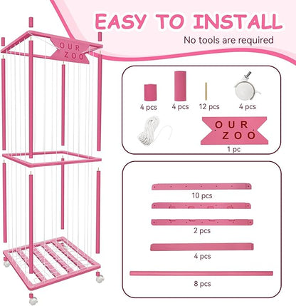 Stuffed Animal Storage Zoo with Wheels, Wooden Large Stuff Animals Plushies Holder Toy Organizer Kids Plush Storage Cage with Elastic Band and Net for Nursery Playroom Corner for Toddler (Hot Pink)