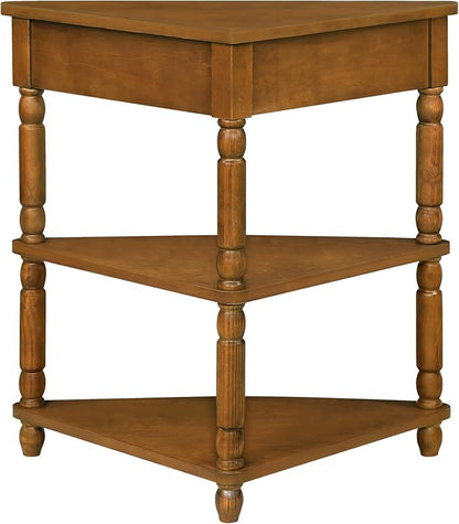GDFStudio Trmxmbi 3 Tier Corner Console Table with 1 Storage Drawers and Shelves, 33.8'' Rustic Wood Triangle Sofa End Table for Small Spaces, Solid Wood Legs, Brown