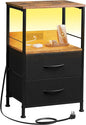 WLIVE Nightstand with Charging Station, LED Night Stand with 2 Fabric Drawers and Open Shelf, Small Dresser for Small Spaces, Side End Tables for Bedroom, Rustic Brown and Black