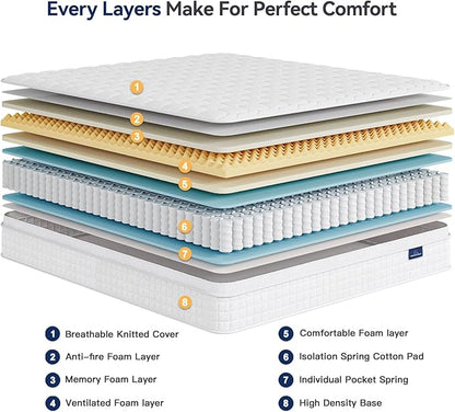 Vesgantti 10 Inch Multilayer Hybrid Queen Mattress - Multiple Sizes & Styles Available, Ergonomic Design with Memory Foam and Pocket Spring, Medium Firm Feel, White