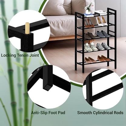 Haddockway Bamboo Shoe Rack for Closet, Free Standing Shoe Organizer with Smooth Round Rods & Convenient Handles, Stackable Shoe Storage Shelf for Entryway, Hallway(Black, 5-Tier(Small))