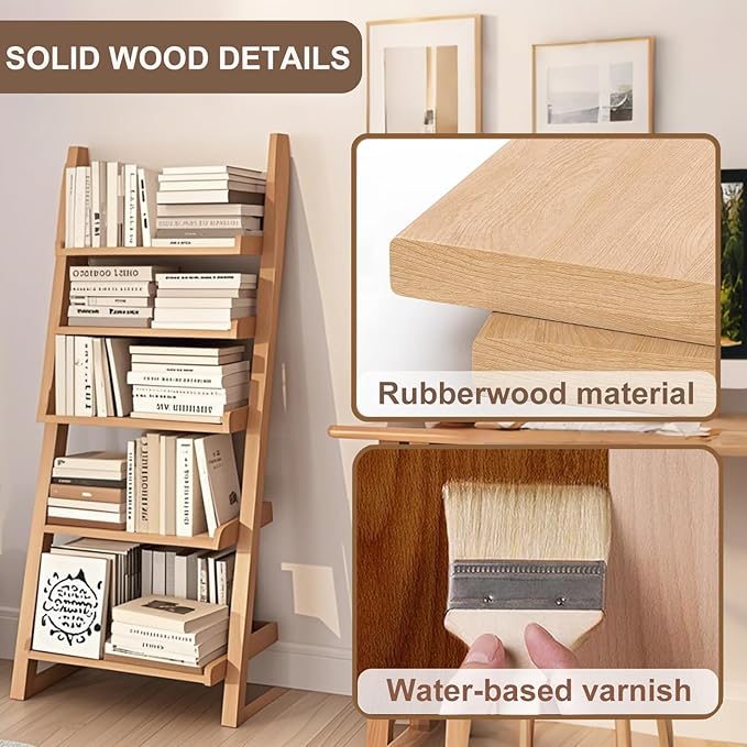 5-Tier Ladder Bookshelf, H 55" Leaning Bookshelf Storage Rack Organizer, Wooden Ladder Shelf Bookcase for Living Room, Home Office and Bedroom, Wood Color