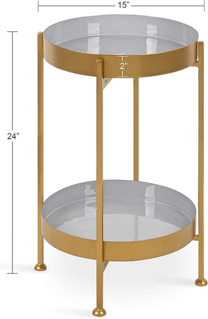 Kate and Laurel Nira Two-Tiered Mid-Century Side Table, 15" x 15" x 24", Gray and Gold, Chic Modern End Table for Storage and Decor