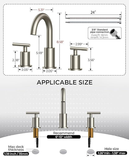 FORIOUS 8 In Widespread Brushed Nickel Bathroom Faucet 3 Hole with Metal Pop Up Drain and 24 Inch Supply Hose, 2 Handle 3 Hole Vanity Faucet for Bathroom Sink Brush Nickel with 360 Degree Swivel Spout