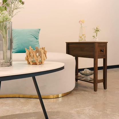 2 Pack Chairside Narrow End Table with Drawer, Solid Recliner Side Table with Storage Shelf, Slim Nightstand Bedside Table for Bedroom