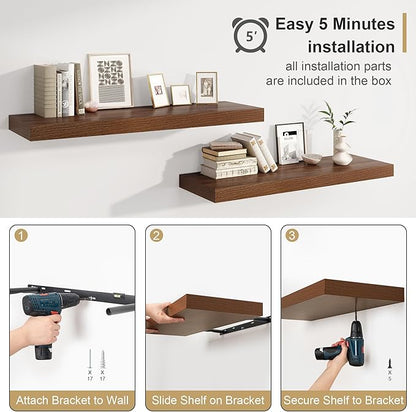 Heimlove 12" Deep Floating Shelves for Wall, 24 Inch Wall Shelf Bathroom Shelves Set of 1, Wall Mounted Shelves for Books Living Room Laundry Room Bedroom Kitchen Home Office, Walnut