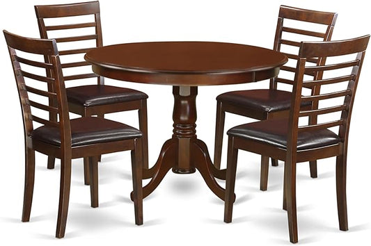 East West Furniture HLML5-MAH-LC 5 Piece Dining Table Set for 4 Includes a Round Kitchen Table with Pedestal and 4 Faux Leather Dining Room Chairs, 42x42 Inch, Mahogany