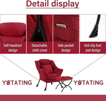 Lazy Chair with Ottoman, Comfy Reading Lounge Chair with Footstool & Throw Pillow Modern with Armrests & Side Pocket for Living Room, Bedroom, Dorm Room, Burgundy