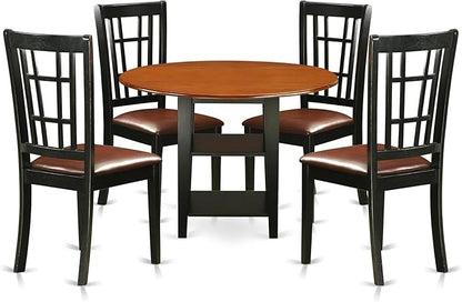 East West Furniture SUNI5-BCH-LC 5 Piece Dining Table Set for 4 Includes a Round Kitchen Table with Dropleaf & Shelves and 4 Faux Leather Kitchen Dining Chairs, 42x42 Inch, Black & Cherry