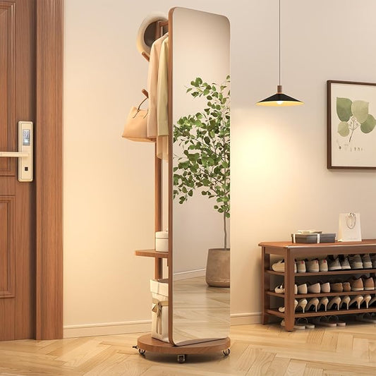 70"x16"Full Length Mirror with Stand,Coat Rack with Mirror,Solid Wood Floor Mirror,Swivel Mirrorfor Bedroom, Living Room, Cloakroom