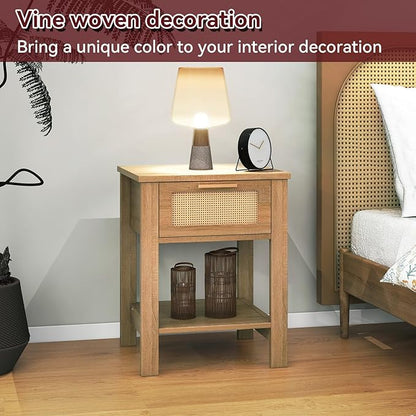 IBUYKE Rattan Nightstand Set of 2, Boho Night Stand with Drawer, Wood Bedside Tables with Storage Shelf, End Table with Legs for Bedroom, Natural UWNS011N-2