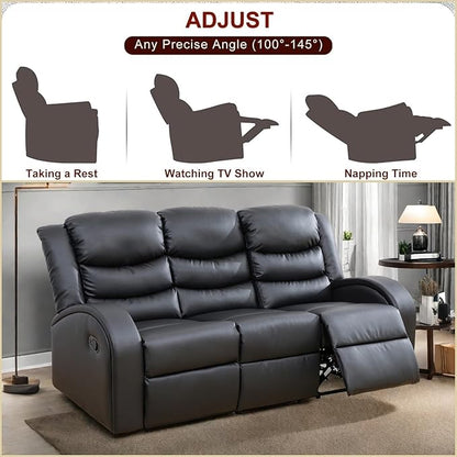 Leather Recliner Sofa Couch, 3-Seater Home Theater Seating Reclining Sofa, Power Reclining Couch with Cup Holders & Drop Down Table for Living Room Furniture Sets, Black