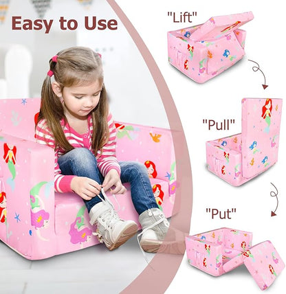Kids Couch, 2-in-1 Kids Fold Out Sofa, Convertible Toddler Couch to Lounger for Girls and Boys, Soft Toddler Chairs Comfy 1-3 Years Old(Mermaid)
