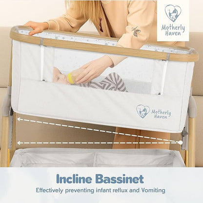 Baby Bassinet Bedside Sleeper, Portable Crib for Newborns, Adjustable 7-Height Auto-Lock, with Wheels, Soft Mattress & Breathable Mesh (White - with Mosquito Net)