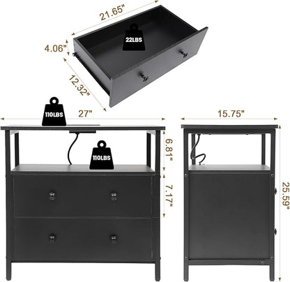 27 inch Wide Nightstand with Charging Station, Bedside Table with Open Shelf, 2 Drawers Small Wood Dresser, End Side Table for Bedroom (Black)