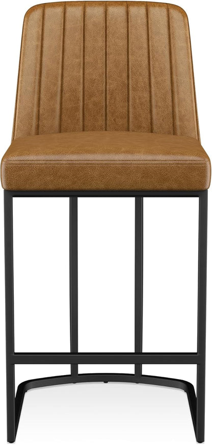 Bar Stools Set of 6, Faux Leather Counter Height Barstools, Upholstered Kitchen Counter Stools with Back and Stitching, 25.6" H Kitchen Island Stools Bar Chair, Metal Framed, Whisky Brown