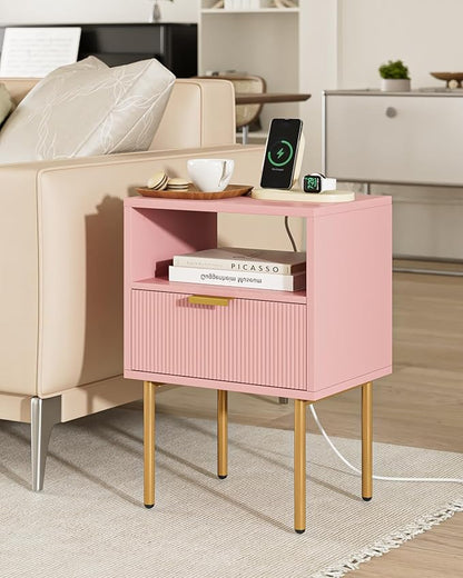 Nightstand,Morden Bedside Table with Gold Frame,Small White Night Stand,End Table,Bedside Furniture,Side Table with Drawer and Shelf for Bedroom,Living Room (1Drawer, Pink-Outlet)