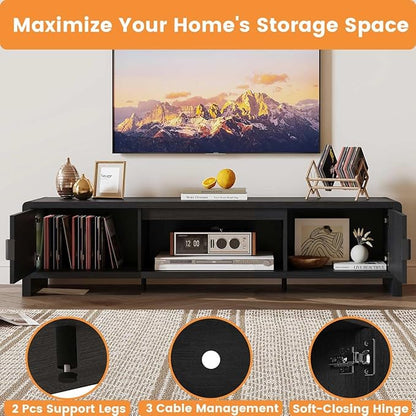 FATORRI TV Stand for 75/65/55 Inch TVs, Mid Century Modern Entertainment Center with Storage, Wooden Television Media Console Cabinet with Fluted-Door for Living Room, Bedroom (63 Inch W, Black)