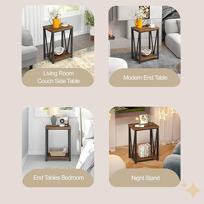 FOLUBAN Small End Table, Rustic Wood and Metal Side Table with Storage, Modern Night Stand for Living Room Bedroom Office, Walnut