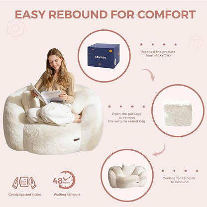 MAXYOYO Bean Bag Chair with 3 Pillows, Oversized Floral Shaped Bean Bag Sofa for Adults, Ultra Soft Faux Fur Floor Sofa, Large Stuffed Reading Chair for Living Room Bedroom, Beige
