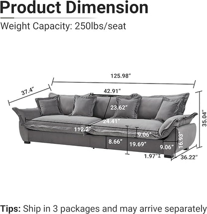 126 Inch Sailing Design Modular Sectional Cloud Sofa with Storage, Modern Deep Seat Couch w/Throw Pillows & Removable Backrest for Living Room Bedroom Apartment,Grey