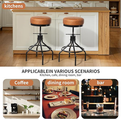 Industrial Bar Stools Set of 3 Adjustable Swivel Barstools Modern PU Leather 28inch Round Backless Counter Height Stool Metal Bar Chair for Kitchen Island (3, Brown)