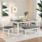 Dining Table Set for 5, 6-Piece Kitchen Table & Chairs Set with Rectangular Table, Bench & 4 Upholstered Chairs, 58.5'' Dinner Set with Wood Legs & X-Shaped Backrest for Kitchen, White&Gray