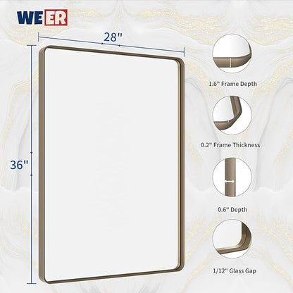 WEER 28x36 Inch Bronze Bathroom Mirror for Vanity, Brushed Bronze Metal Frame Mirror for Wall, Rounded Rectangle Bronze Frame Mirror with Tempered Glass, Anti-Rust (Horizontal/Vertical)