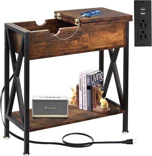 TooCust End Tables Living Room with Charging Station, 11.2" D x 24" W x 24" H, Flip Top Side Table with USB Ports and Outlets, Couch End Tables, Narrow End Table with 5.5" Deep Drawer