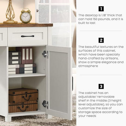 67''H Farmhouse Executive Desk with Hutch & 5 Drawers, Rustic Office Desks Computer Desks with Charging Station, File Drawers and Storage Cabinets, Wood Workspace for Home Office,Unique White.