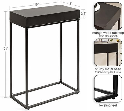 Kate and Laurel Karlsen Modern Wood and Metal Narrow Side Table; 16 x 8 x 24; Black; Minimal Slim End Table for Use as Bedroom Nightstand or Accent Entryway Table