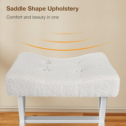 18-Inch Large Vanity Stool Chair, Vanity Bench with Metal X-Legs, Ottoman Foot Stool with Breathable and Soft Boucle Fabric Saddle Seat, White