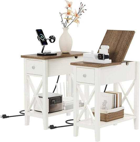 ChooChoo End Table Set of 2 with Charging Station, Narrow End Table with USB Ports and Outlets, Small Side Table Nightstand with Drawer for Living Room, Bedroom, Soft White