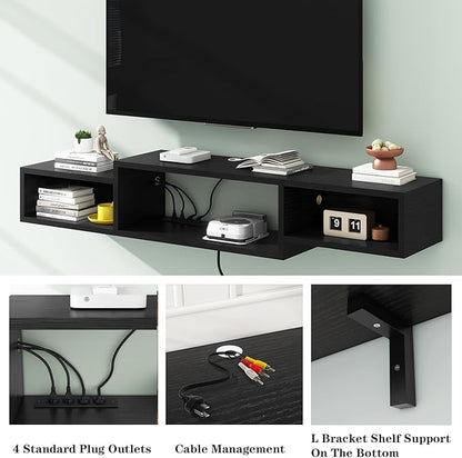 IBUYKE 59" Floating TV Stand Wall Mounted with Power Outlet,Wood Wall Mounted Media Console Shelf,Floating Entertainment Center for Under TV Storage for Living Room Bedroom Office,Black WST007B