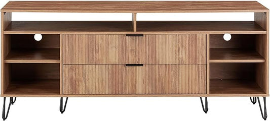 Manhattan Comfort Dumbo Mid Century Modern TV Stand for Televisions up to 60 Inches, Home Entertainment Center with Storage, 6 Shelves, 2 Drawers, No Tool Assembly, 63" Wide, Golden Brown