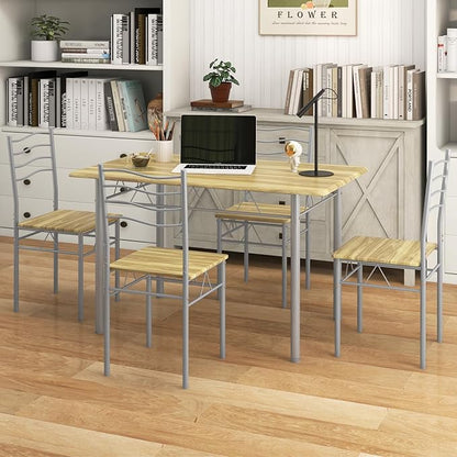 5 Piece Dining Table Set for 4 Chairs Modern Wood Metal Kitchen Breakfast Furniture (Shallow Walnut)