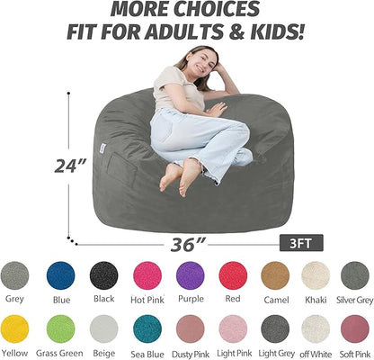3FT Bean Bag Chair with Ultra Soft Velvet Cover Bean Bag Sofa with Memory Foam Bean Bag Chairs with Large Size Lazy Sofa for Dorm Office Living Room Bedroom Light Grey 3'
