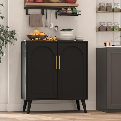 Rovaurx Rattan Storage Cabinet with Doors, Accent Bathroom Floor Cabinet, Modern Sideboard Buffet Cabinet for Living Room, Entryway, Dining Room and Kitchen, Black BMGZ108B