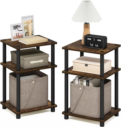 Furinno Just 3-Tier Turn-N-Tube End Table, 2-Pack, Amber Pine/Black