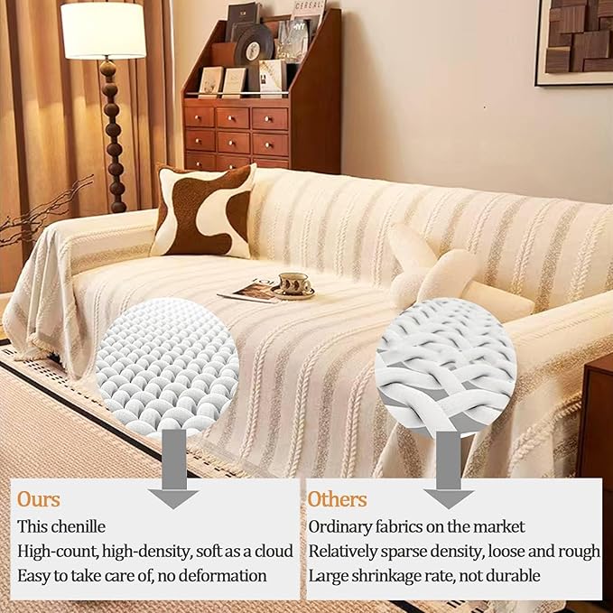 Couch Cover for Dogs Washable Sofa Cover, Sectional Couch Covers, Sofa Covers for 2 Cushion Couch, Non Slip Stripe Sofa Slipcovers Furniture Protector, Couch Protector from Cat Claws, Beige,71''x134''