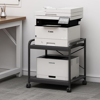 2 Tier Under Desk Printer Stand with Storage, 20 Inches Deep Large Printer Table with Height Adjustable Shelf, Rolling Printer Cart with Wheels for Home Office - Black