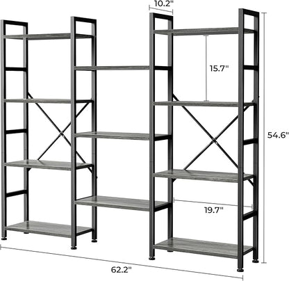 SUPERJARE Triple 4 Tier Bookshelf, Bookcase with 11 Open Display Shelves, Wide Book Shelf Book Case for Home & Office, Grey
