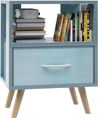 Night Stand, Blue Kids Nightstand with Drawer, Nursery Side Table with Open Storage, 2-Tier Modern End Table, Bedside Table for Small Space, Living Room, Bedroom