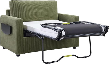 Twin Size Sofa Bed 47.2" Sleeper Sofa Loveseat Sofa with a Foldable Mattress, a Foldable Side Table, a Side Storage Pocket and Two USB Ports for Living Room, Green