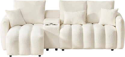 92-Inch Teddy Boucle Tufted Sofa Couch with Storage Console and Chaise Lounge, L-Shaped Left Facing Corner Sectional Sofa Couch with Cupholders, USB Ports and Golden Accent for Living Room Office