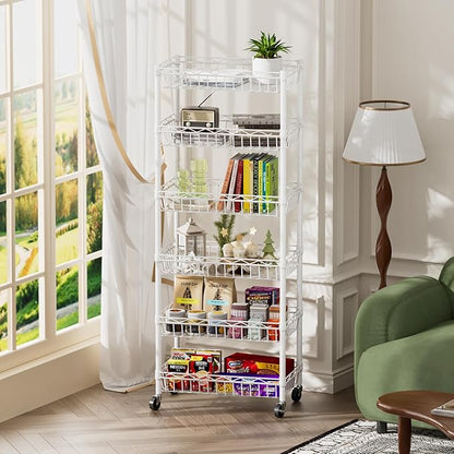 SINGAYE 6 Tier Basket Shelf Wire Shelving Unit Adjustable Storage Shelves Big Basket Rack for Garage Kitchen Office Pantry Corner 17" Dx12 Wx63 H White