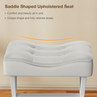 18-Inch Large Leather Vanity Stool, Vanity Chair with Metal X-Leg, Ottoman Foot Stool with Thick Padded Saddle Seat, White