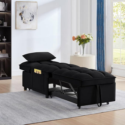 KEIKI Velvet Single Convertible Sleeper Chair Sofa Bed with Adjustable Backrest, Pillows & Storage Pockets, 3 in 1 Pull-Out Couch Chaise Lounge Recliner for Living Room Balcony Bedroom, Black