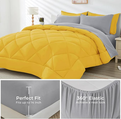 HEVUMYI King Comforter Set - 7-Piece All Season Bed in a Bag King, Ultra Soft Bedding Set with Comforter, Flat Sheet, Fitted Sheet, Pillowcases, Pillow Shams, Yellow & Light Grey