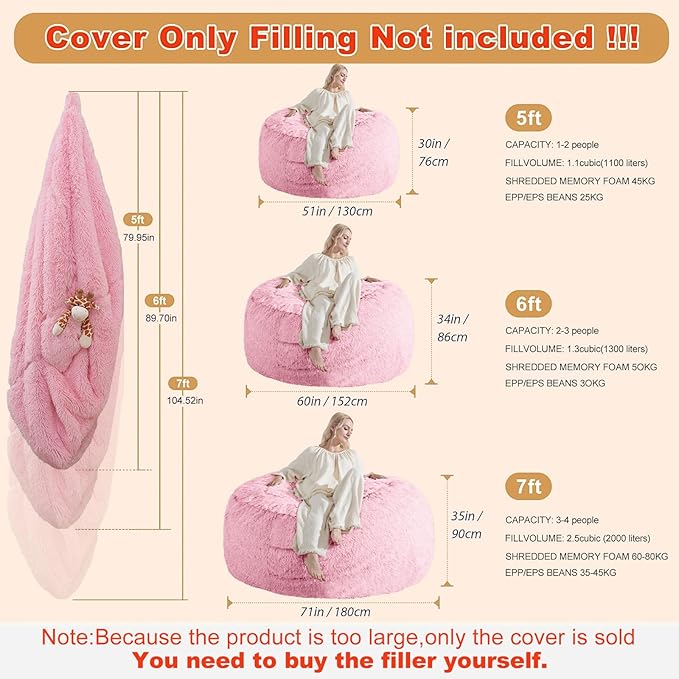 Fluffy Bean Bag for Stuffed Animals Storage, Faux Fur Washable Bean Bag Chair Cover(No Filler) for Textile Plush Toys, Beanbag Chair Cover for Adults Kids Teens, 6FT, Pink